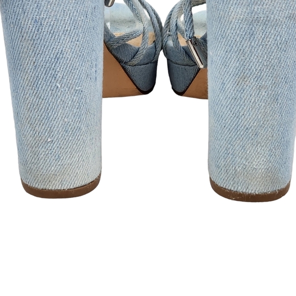 Olivia Ferragamo Hoover Blue Denim Fabric Lace Up Block Heels Women's Size 6.5 - Picture 13 of 13